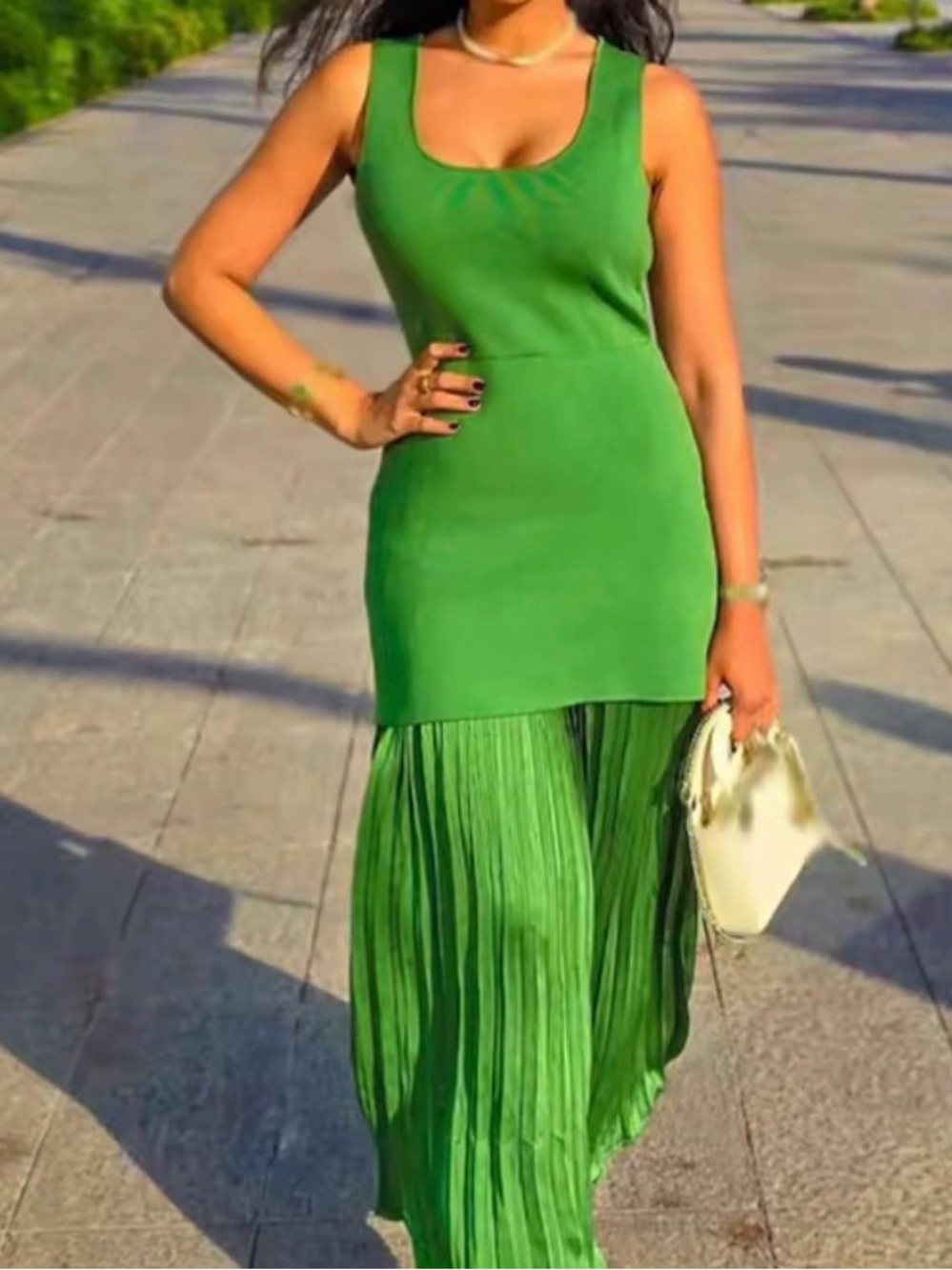 Zara Green Sleeveless Pleated-Hem Maxi Dress